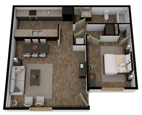 Floor plan for 1 bed, 1 bath, 663 sqft